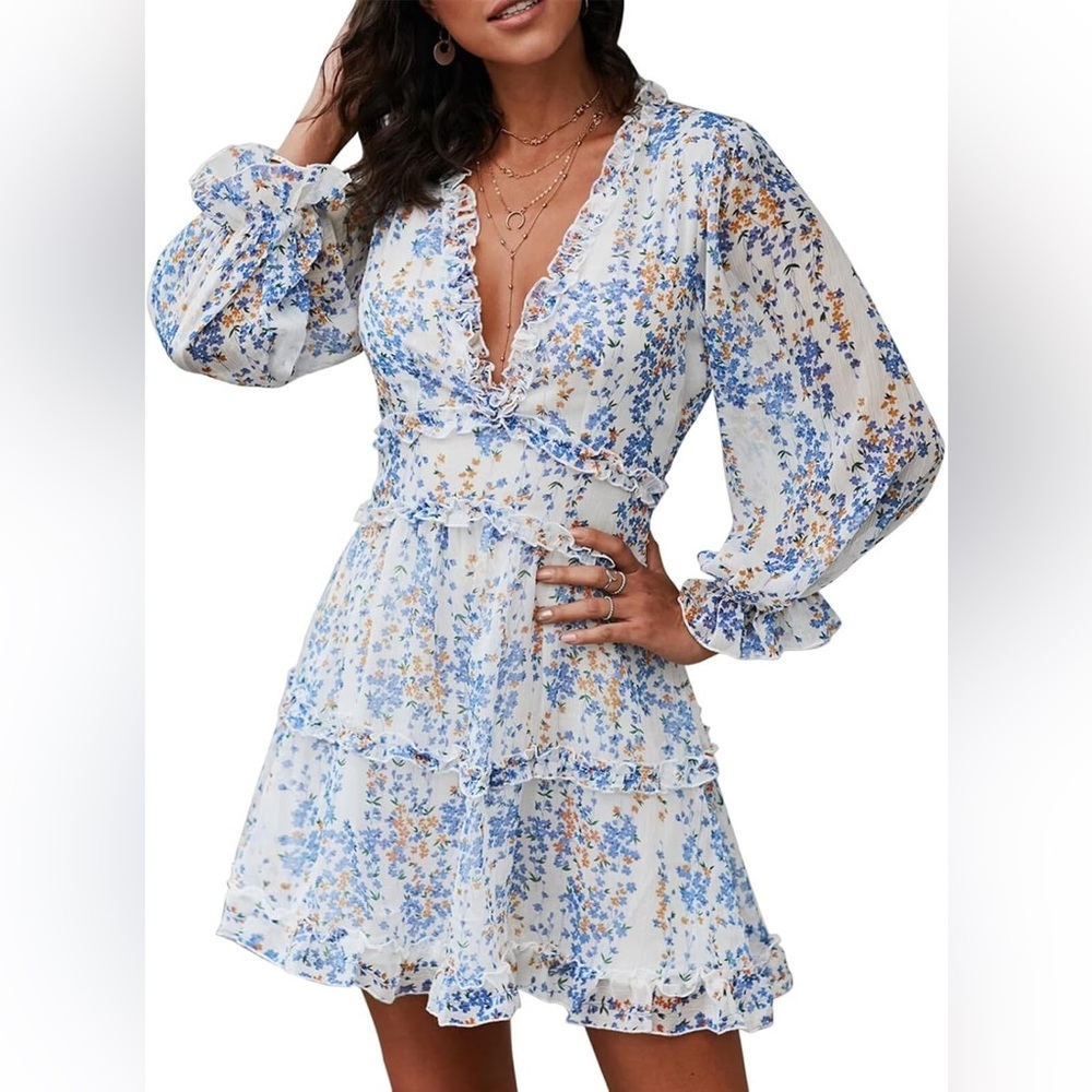 Polly Floral Blue and White Dress